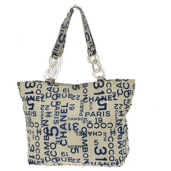CHANEL Logo By Sea Shoulder Tote Bag Canvas Leather White Blue Italy 85KB313 - Picture 1 of 16